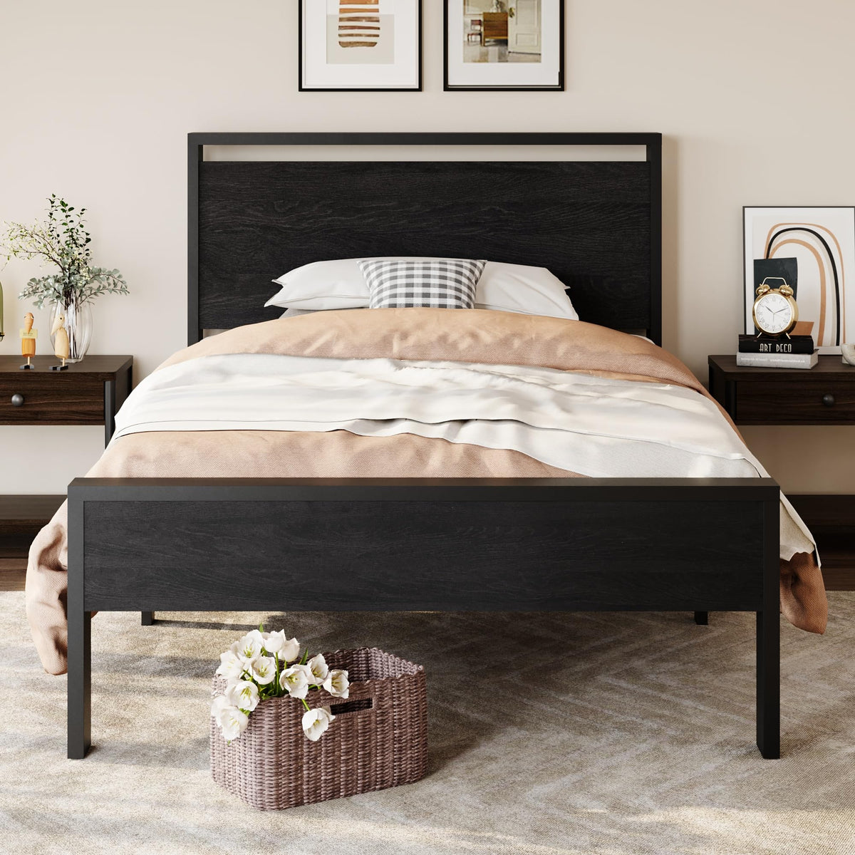 SHA CERLIN 14 Inch Queen Size Metal Platform Bed Frame with Wooden Headboard and Footboard, Mattress Foundation, No Box Spring Needed, Large Under Bed Storage, Non-Slip Without Noise, Mahogany