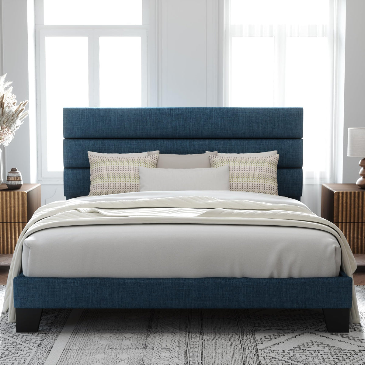 Allewie Queen Size Platform Bed Frame with Fabric Upholstered Headboard