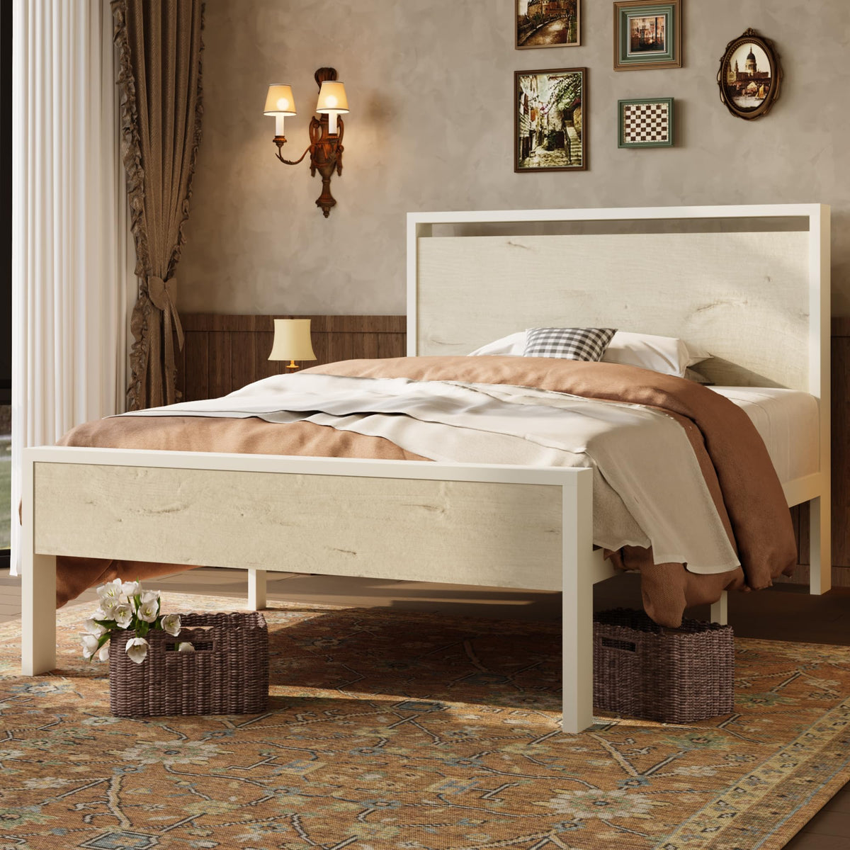 SHA CERLIN 14 Inch Queen Size Metal Platform Bed Frame with Wooden Headboard and Footboard, Mattress Foundation, No Box Spring Needed, Large Under Bed Storage, Non-Slip Without Noise, Mahogany