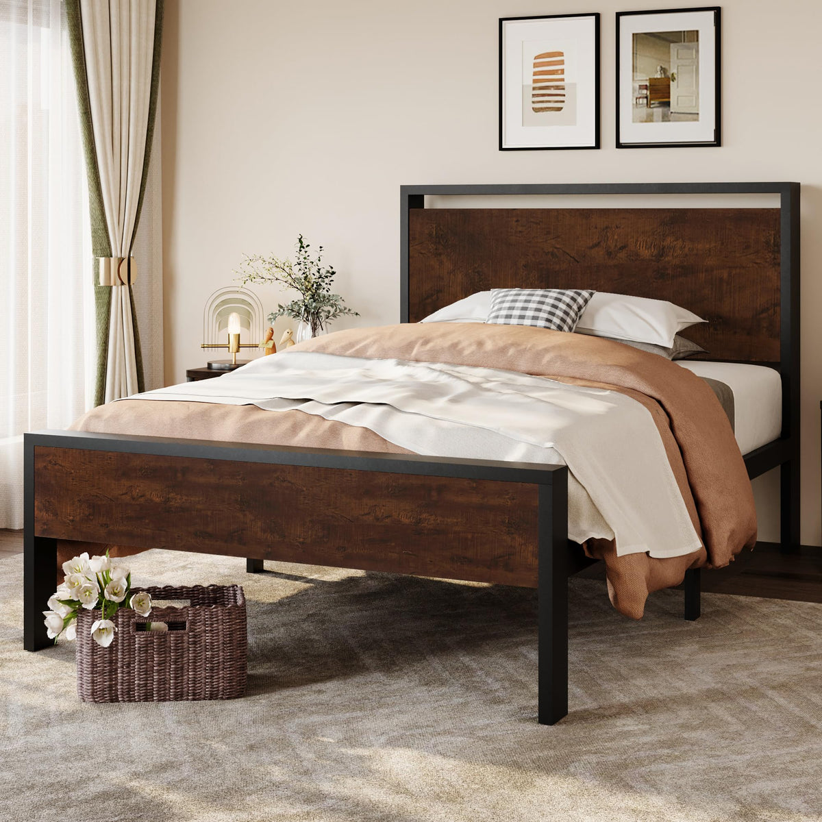 SHA CERLIN 14 Inch Queen Size Metal Platform Bed Frame with Wooden Headboard and Footboard, Mattress Foundation, No Box Spring Needed, Large Under Bed Storage, Non-Slip Without Noise, Mahogany