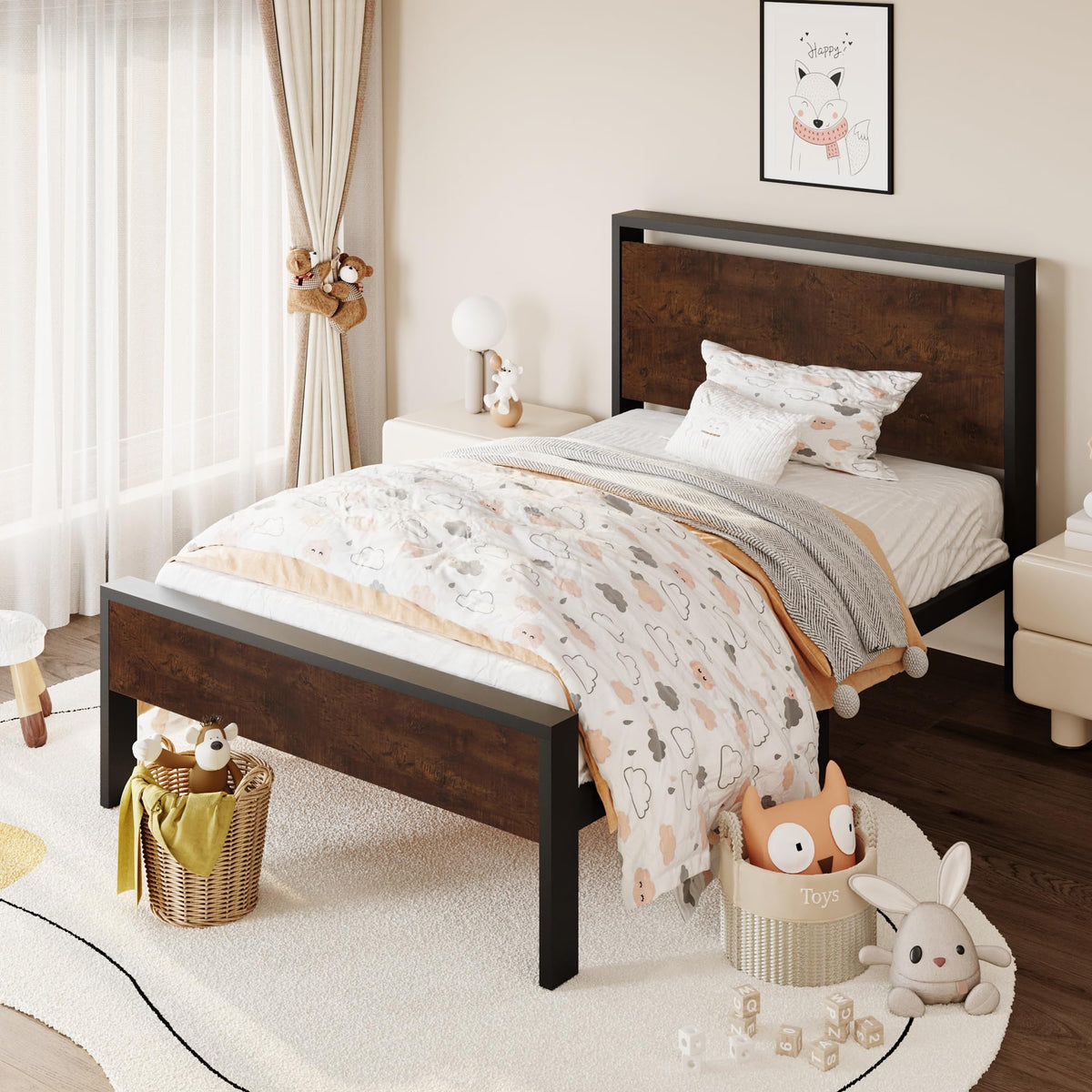 SHA CERLIN 14 Inch Queen Size Metal Platform Bed Frame with Wooden Headboard and Footboard, Mattress Foundation, No Box Spring Needed, Large Under Bed Storage, Non-Slip Without Noise, Mahogany