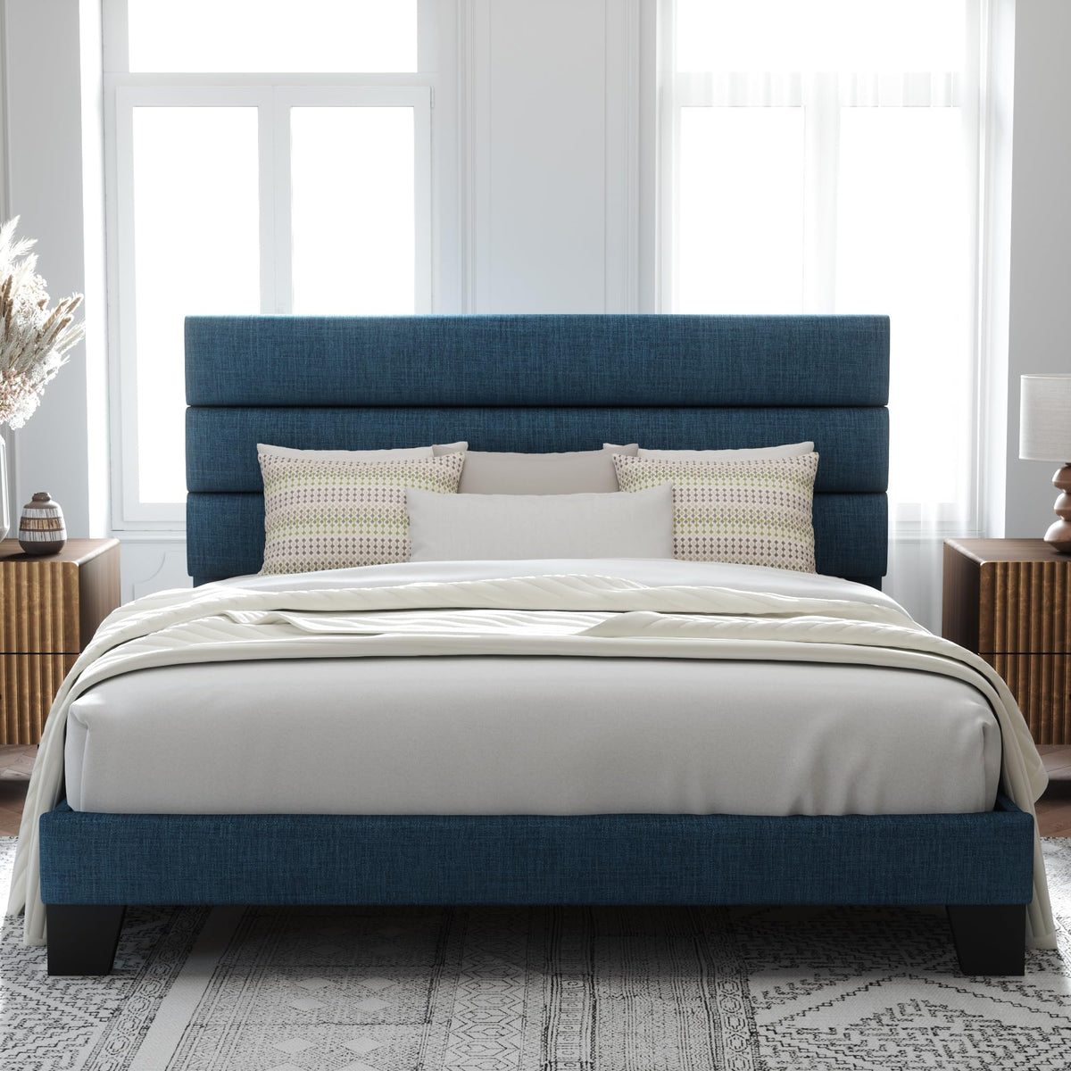 Allewie Queen Size Platform Bed Frame with Fabric Upholstered Headboard