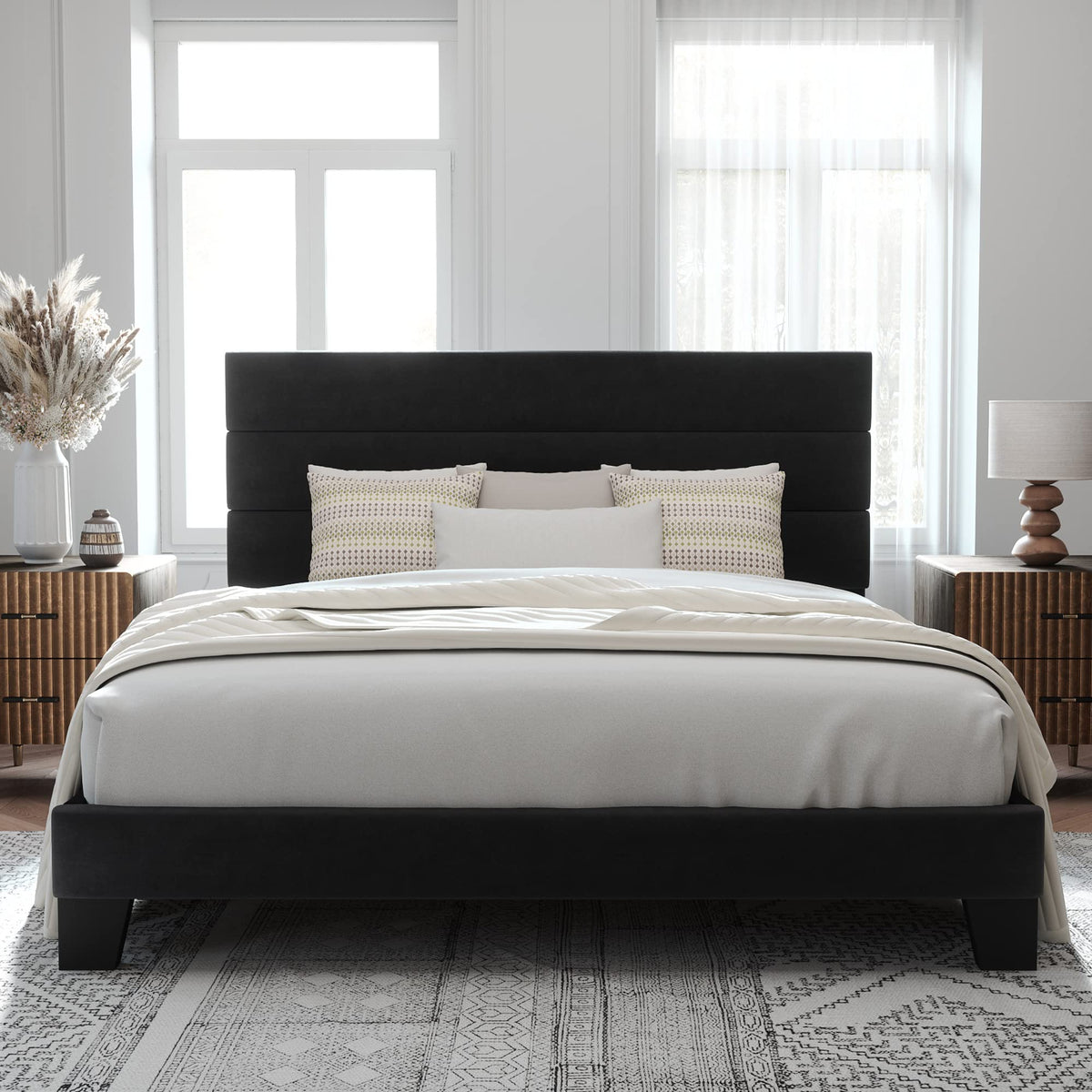 Allewie Queen Size Platform Bed Frame with Fabric Upholstered Headboard