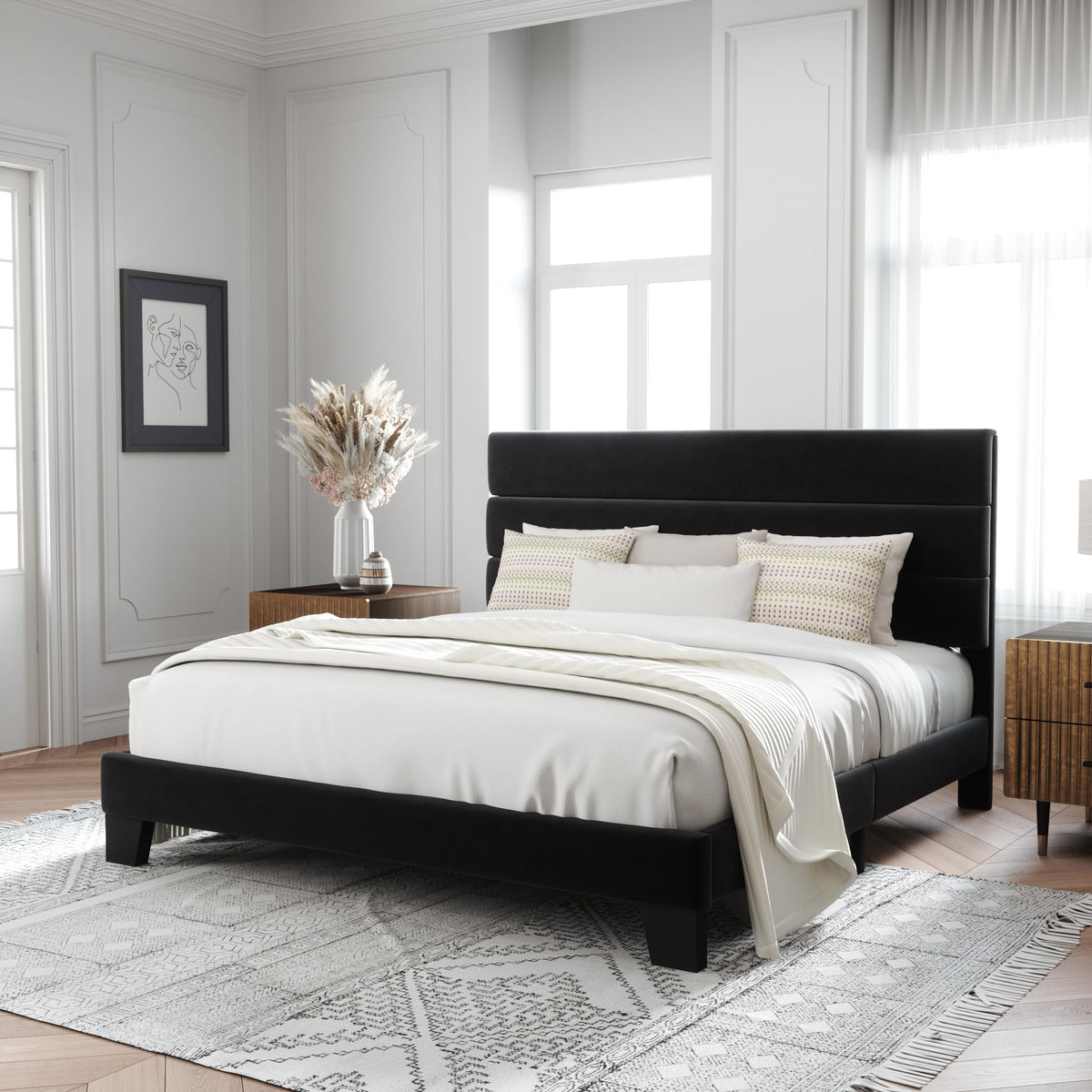 Allewie Queen Size Platform Bed Frame with Fabric Upholstered Headboard