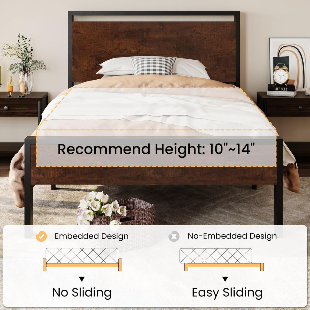 SHA CERLIN 14 Inch Queen Size Metal Platform Bed Frame with Wooden Headboard and Footboard, Mattress Foundation, No Box Spring Needed, Large Under Bed Storage, Non-Slip Without Noise, Mahogany