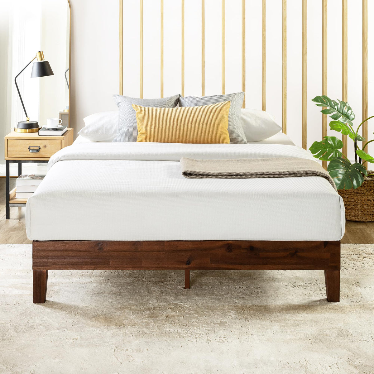 Mellow Naturalista Classic - 12 Inch Solid Wood Platform Bed with Wooden Slats, No Box Spring Needed, Easy Assembly, Queen, Pine