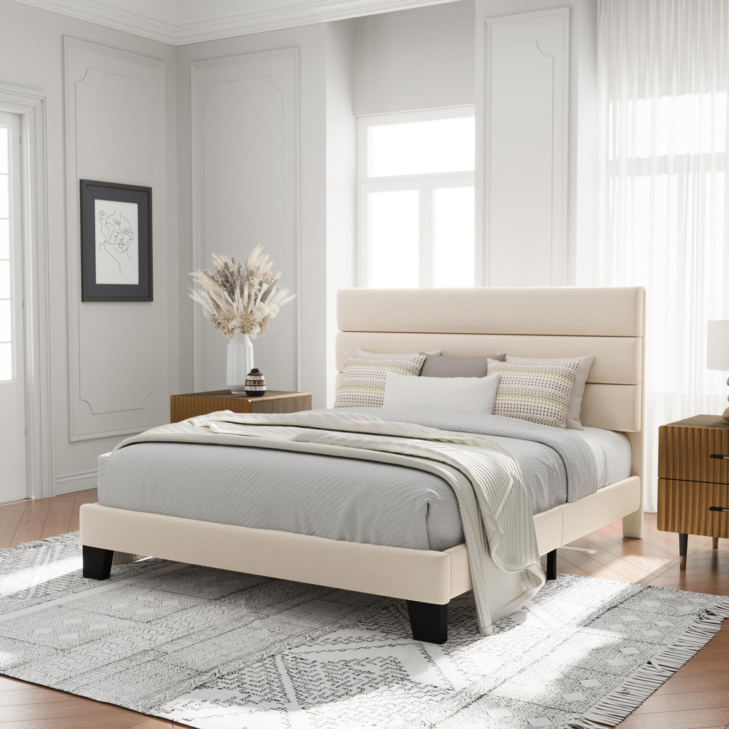 Allewie Queen Size Platform Bed Frame with Fabric Upholstered Headboard