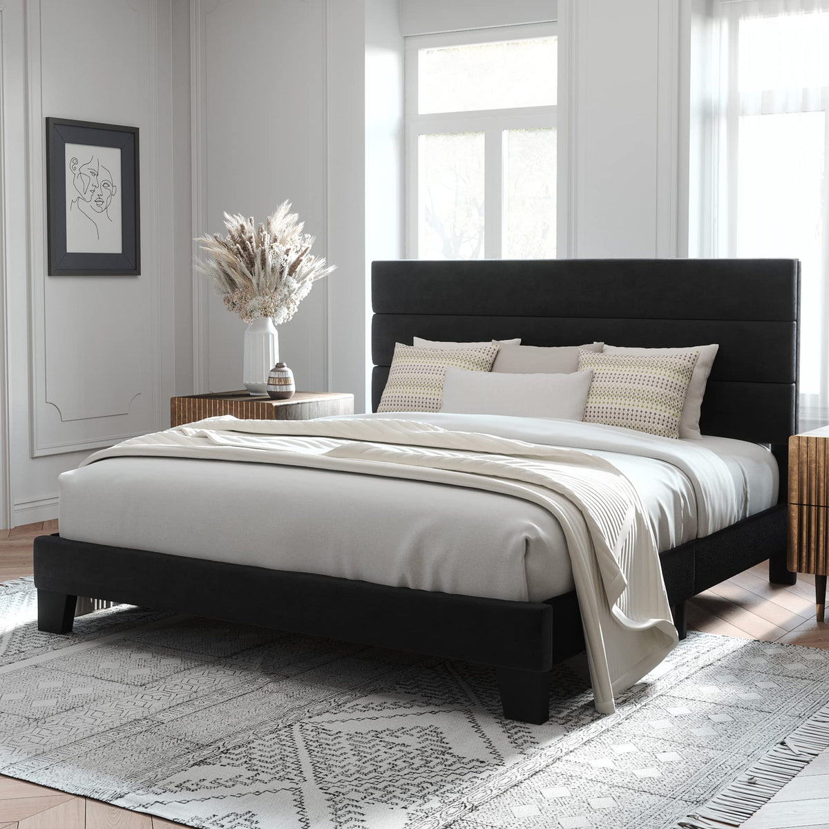 Allewie Queen Size Platform Bed Frame with Fabric Upholstered Headboard