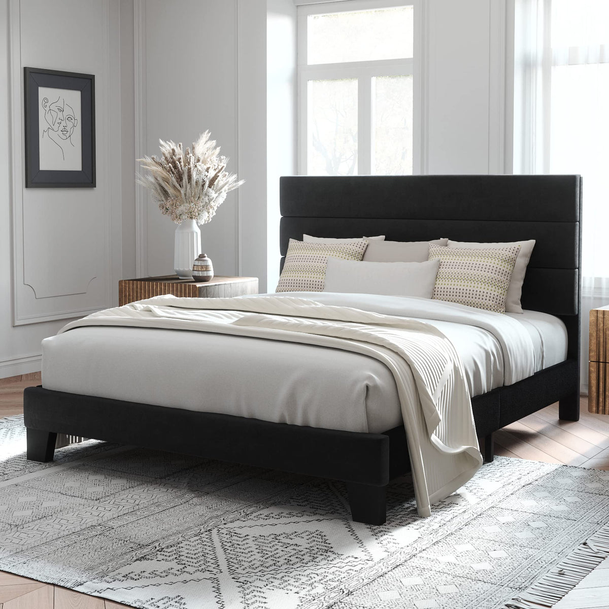 Allewie Queen Size Platform Bed Frame with Fabric Upholstered Headboard