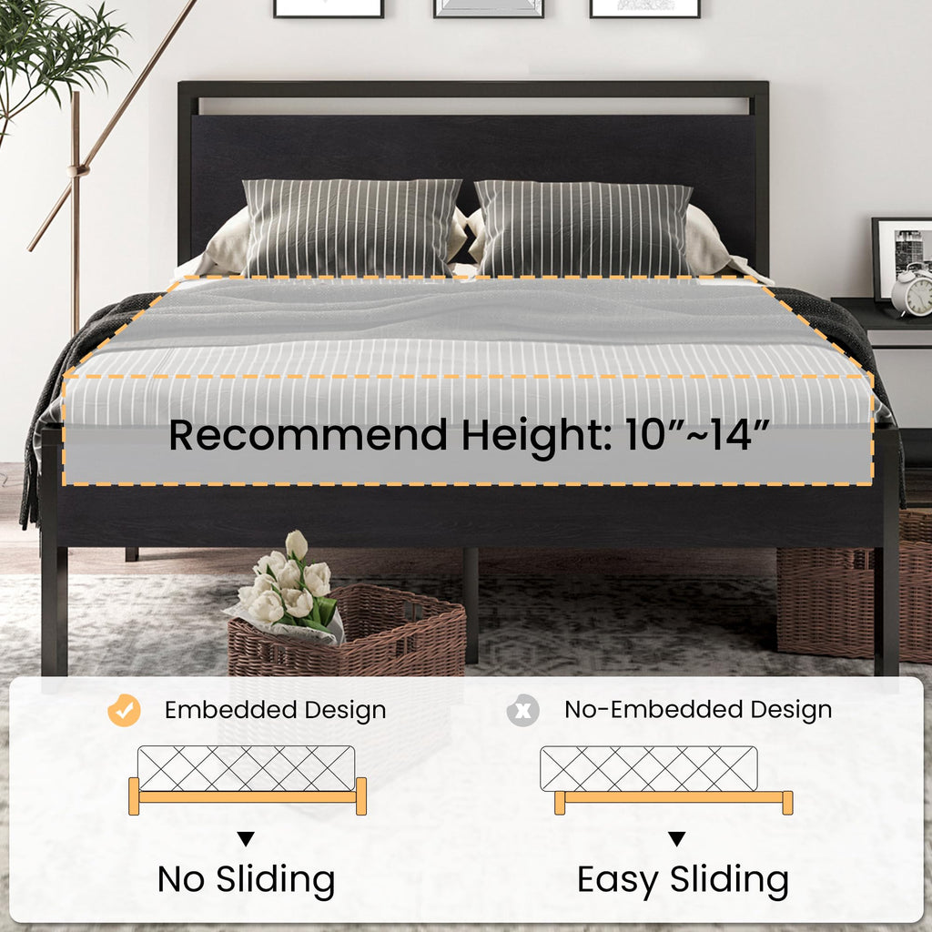 SHA CERLIN 14 Inch Queen Size Metal Platform Bed Frame with Wooden Headboard and Footboard, Mattress Foundation, No Box Spring Needed, Large Under Bed Storage, Non-Slip Without Noise, Mahogany