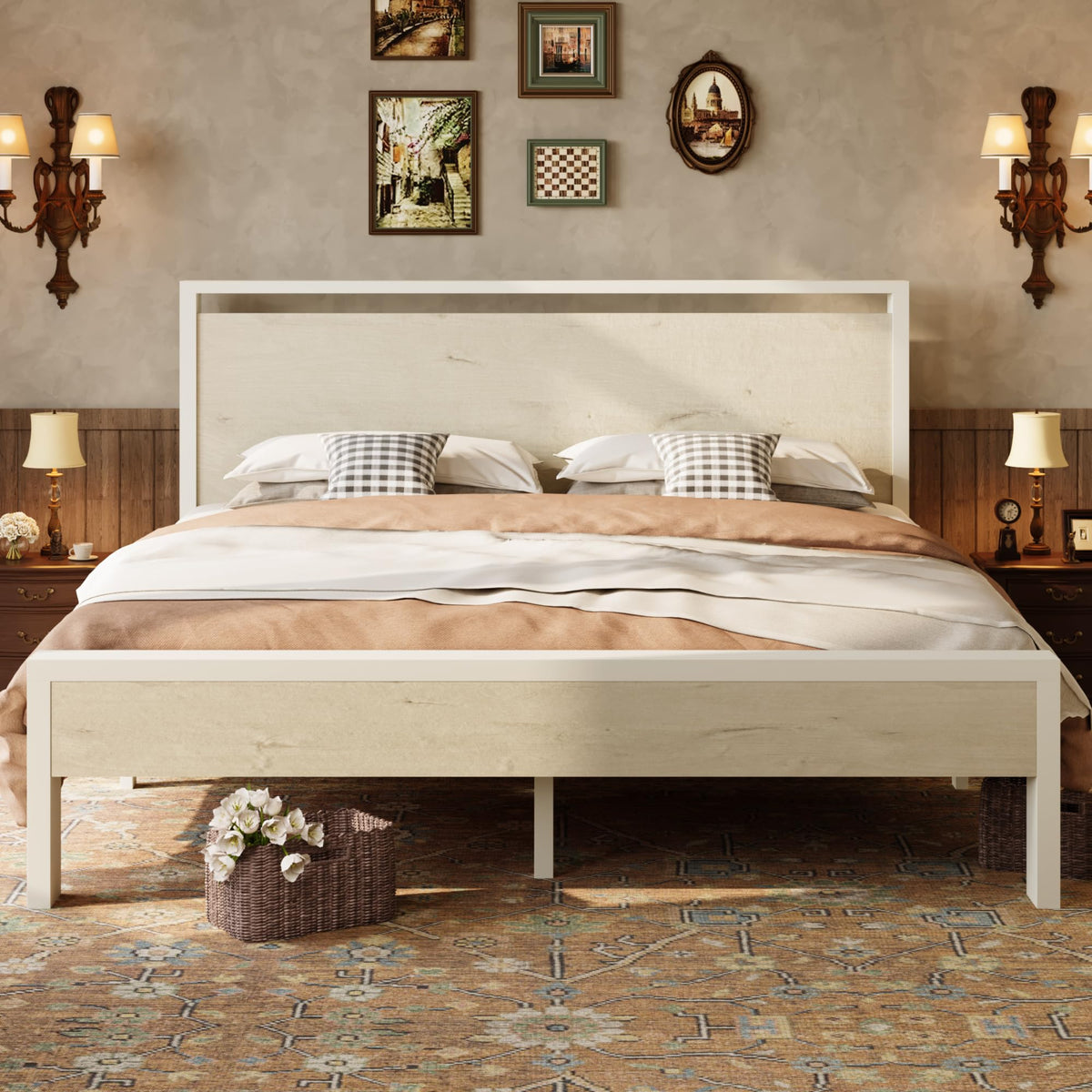 SHA CERLIN 14 Inch Queen Size Metal Platform Bed Frame with Wooden Headboard and Footboard, Mattress Foundation, No Box Spring Needed, Large Under Bed Storage, Non-Slip Without Noise, Mahogany