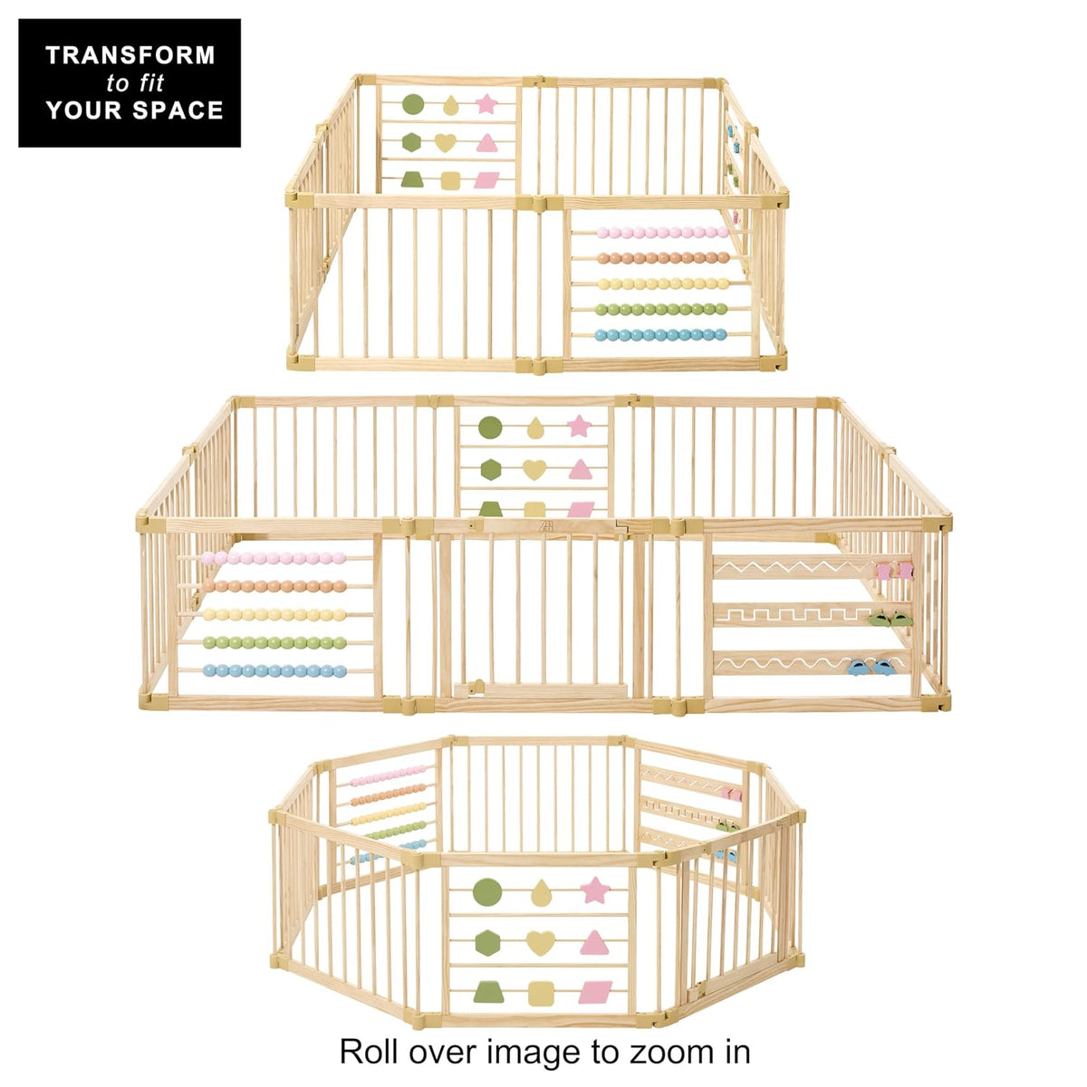 ZETY Natural Wood Baby Playpen, 10 Panel Foldable Play Yard, Door & Toys