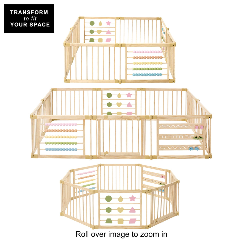 ZETY Natural Wood Baby Playpen, 10 Panel Foldable Play Yard, Door & Toys