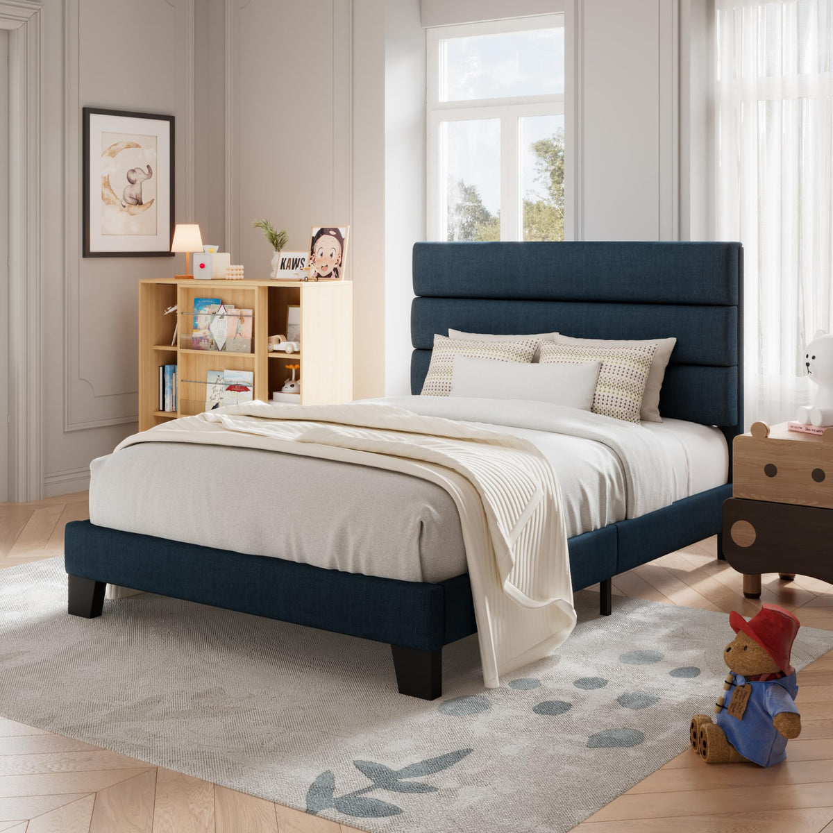 Allewie Queen Size Platform Bed Frame with Fabric Upholstered Headboard
