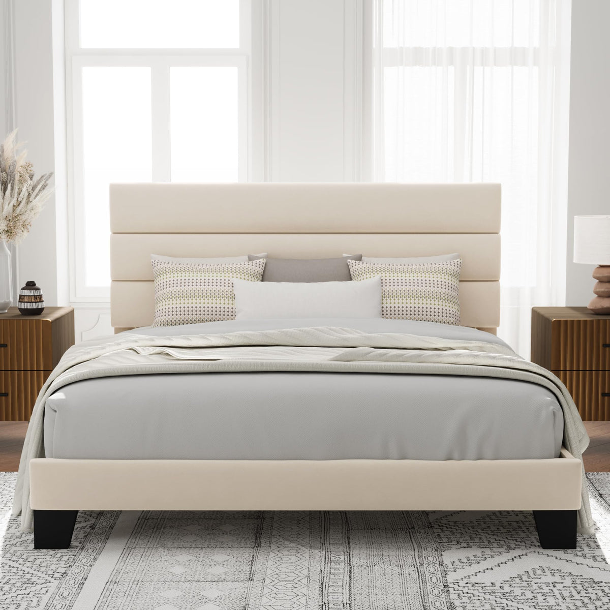 Allewie Queen Size Platform Bed Frame with Fabric Upholstered Headboard