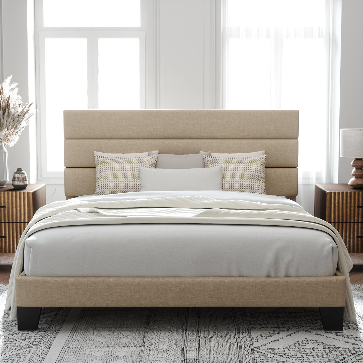 Allewie Queen Size Platform Bed Frame with Fabric Upholstered Headboard