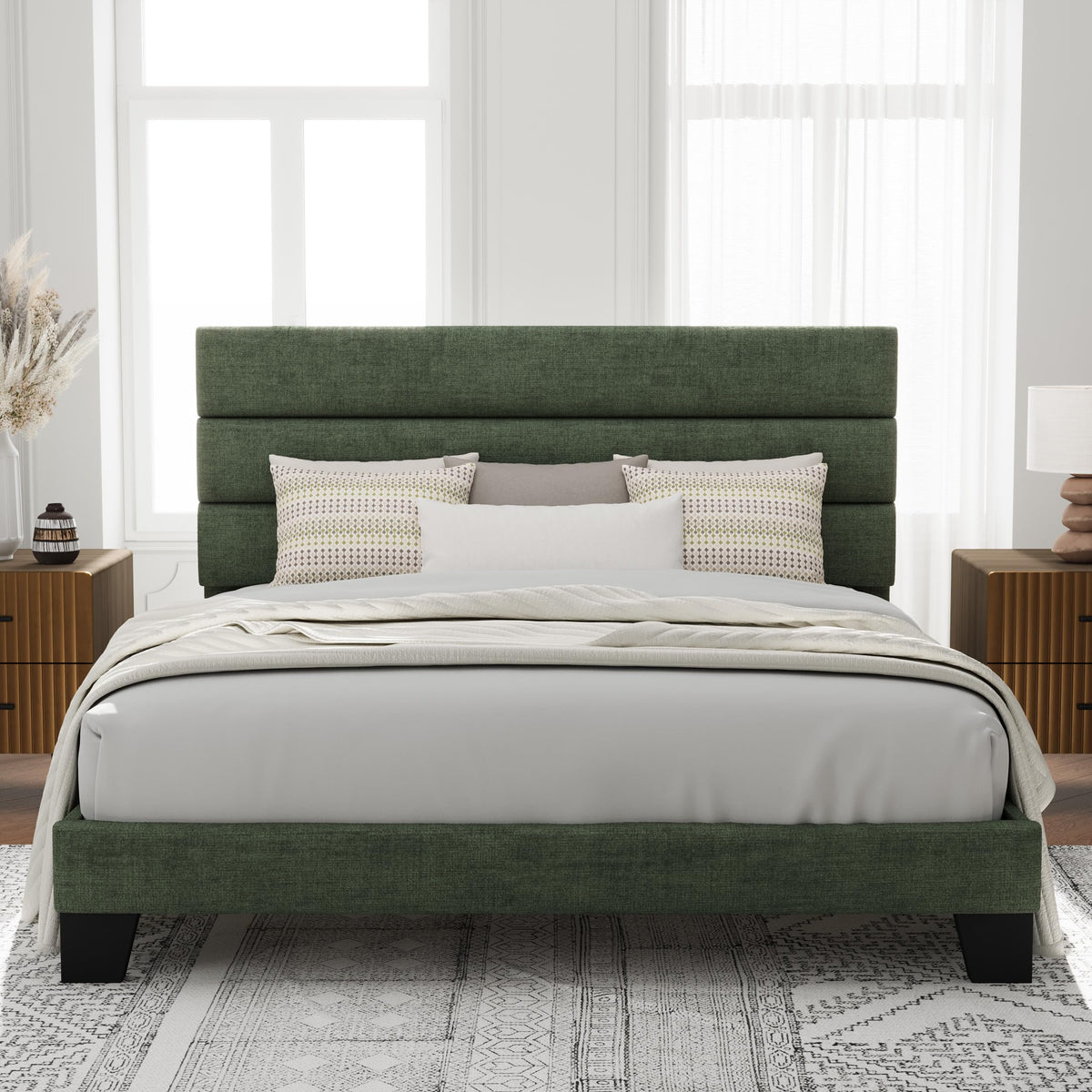 Allewie Queen Size Platform Bed Frame with Fabric Upholstered Headboard