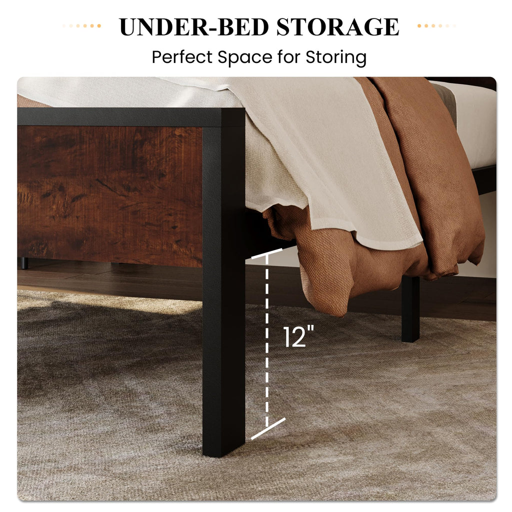 SHA CERLIN 14 Inch Queen Size Metal Platform Bed Frame with Wooden Headboard and Footboard, Mattress Foundation, No Box Spring Needed, Large Under Bed Storage, Non-Slip Without Noise, Mahogany