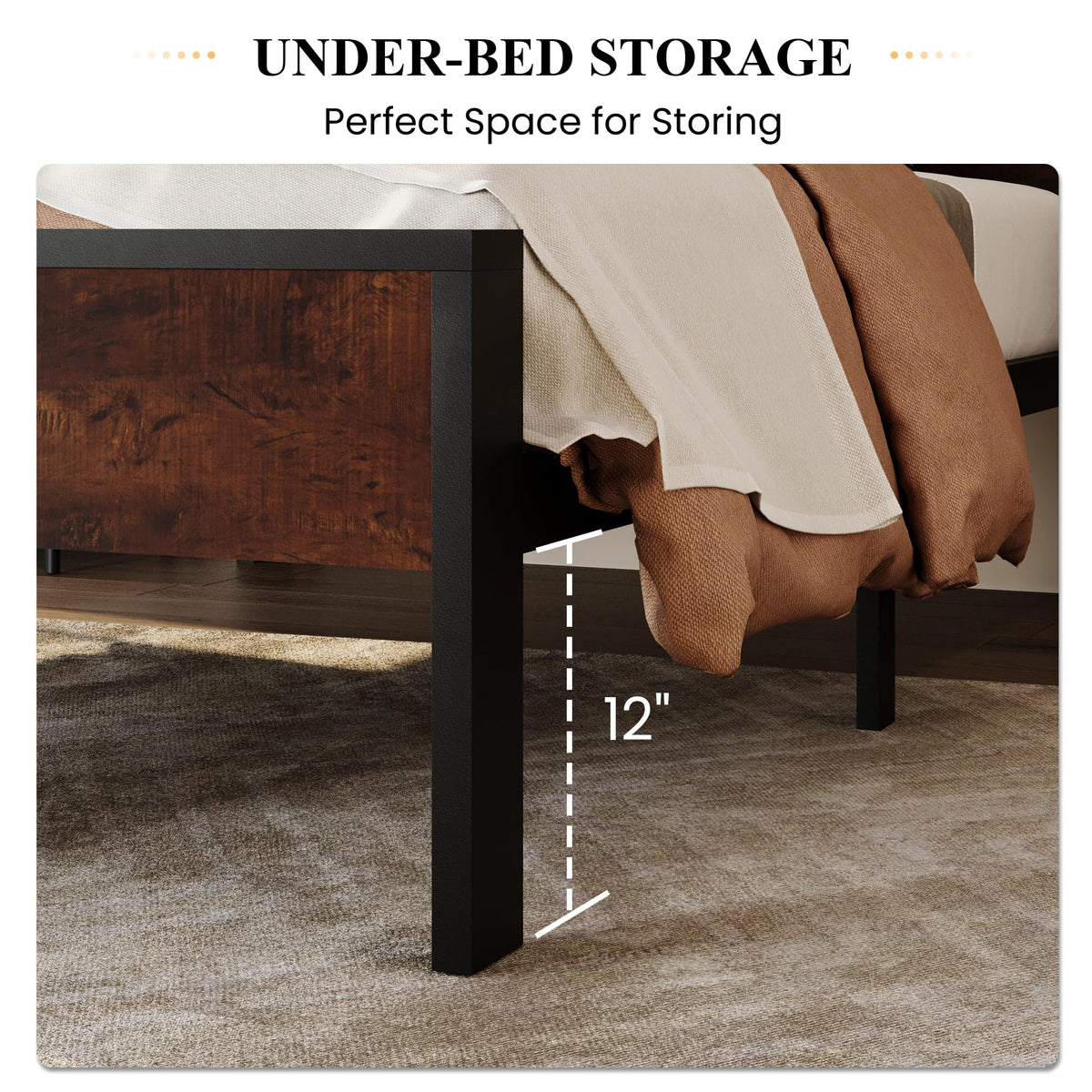 SHA CERLIN 14 Inch Queen Size Metal Platform Bed Frame with Wooden Headboard and Footboard, Mattress Foundation, No Box Spring Needed, Large Under Bed Storage, Non-Slip Without Noise, Mahogany