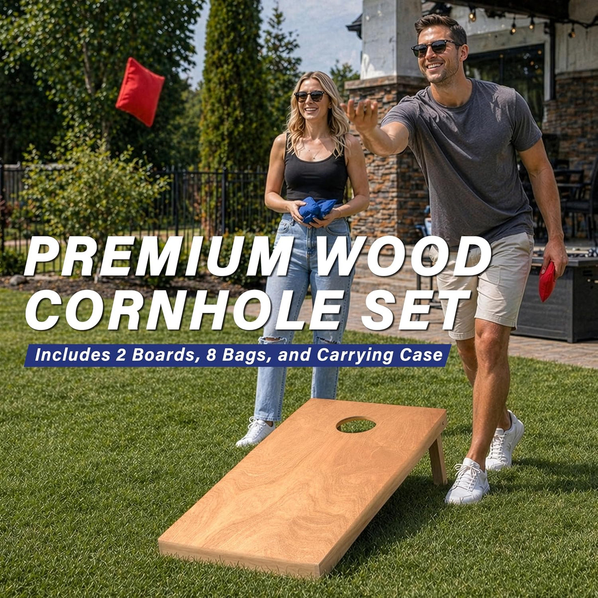 GoSports 4 ft x 2 ft Regulation Size Wooden Cornhole Boards Set with Light Brown Finish - Includes Carrying Case (Choose Your Colors)