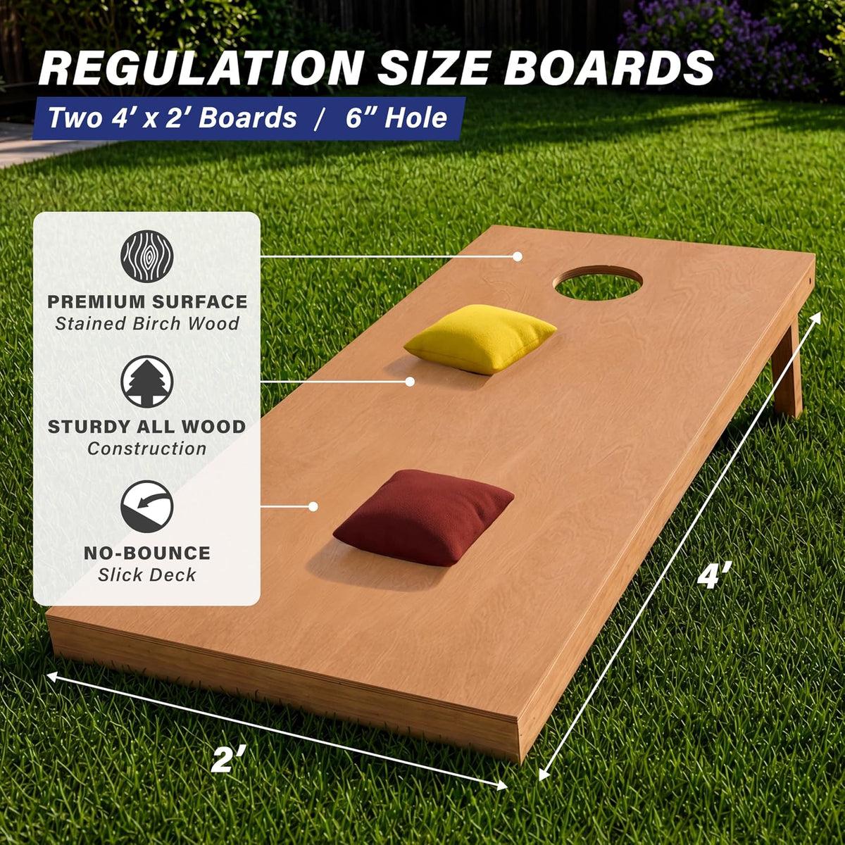 GoSports 4 ft x 2 ft Regulation Size Wooden Cornhole Boards Set with Light Brown Finish - Includes Carrying Case (Choose Your Colors)