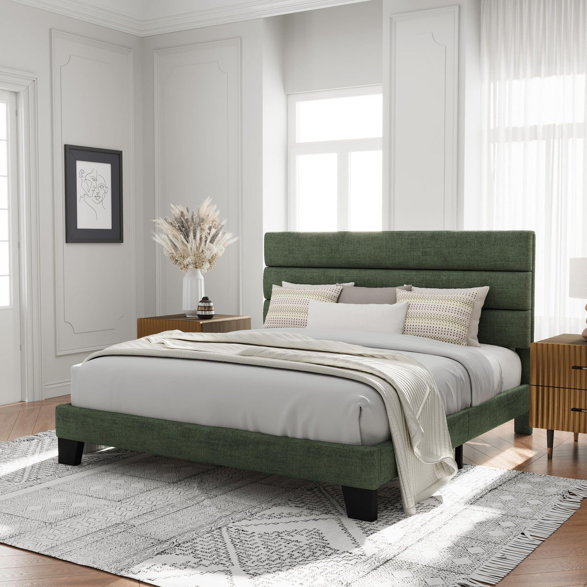 Allewie Queen Size Platform Bed Frame with Fabric Upholstered Headboard
