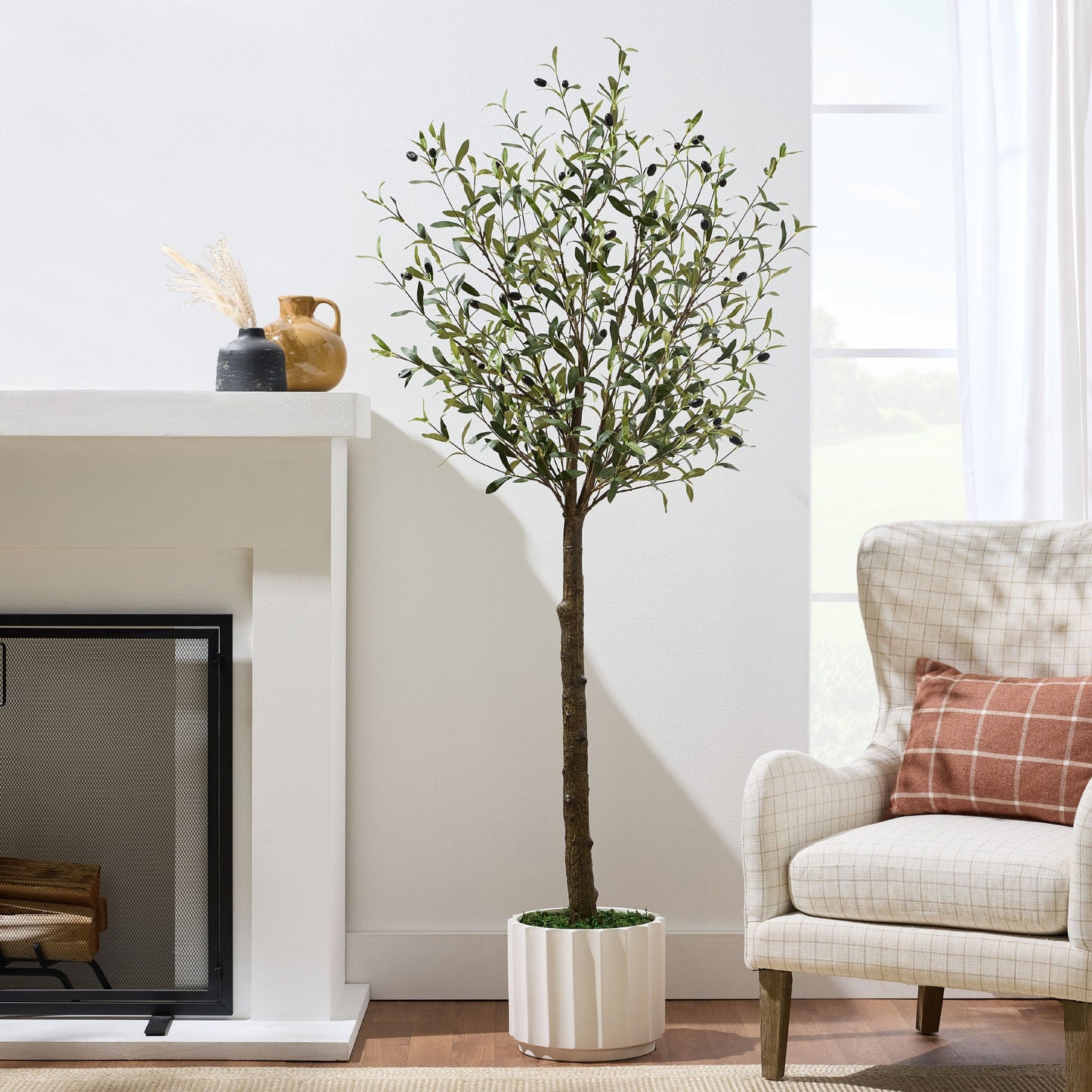 Artificial Olive Tree, Lifelike Faux Tree w/ White Pot, Decorative Olives