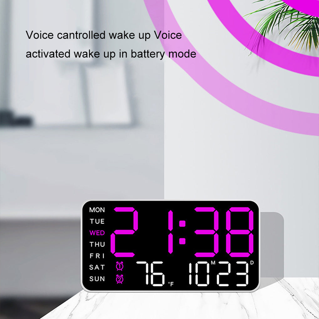 LED Digital Wall Clock with Temperature, Date, and Week Display – Voice Control & Auto Brightness